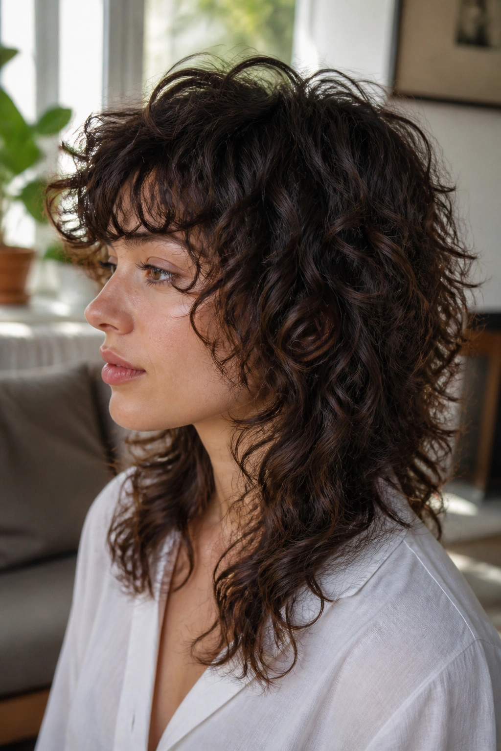 Close-up of a real person with curly shaggy wolf cut and collapsed volume at the ends.