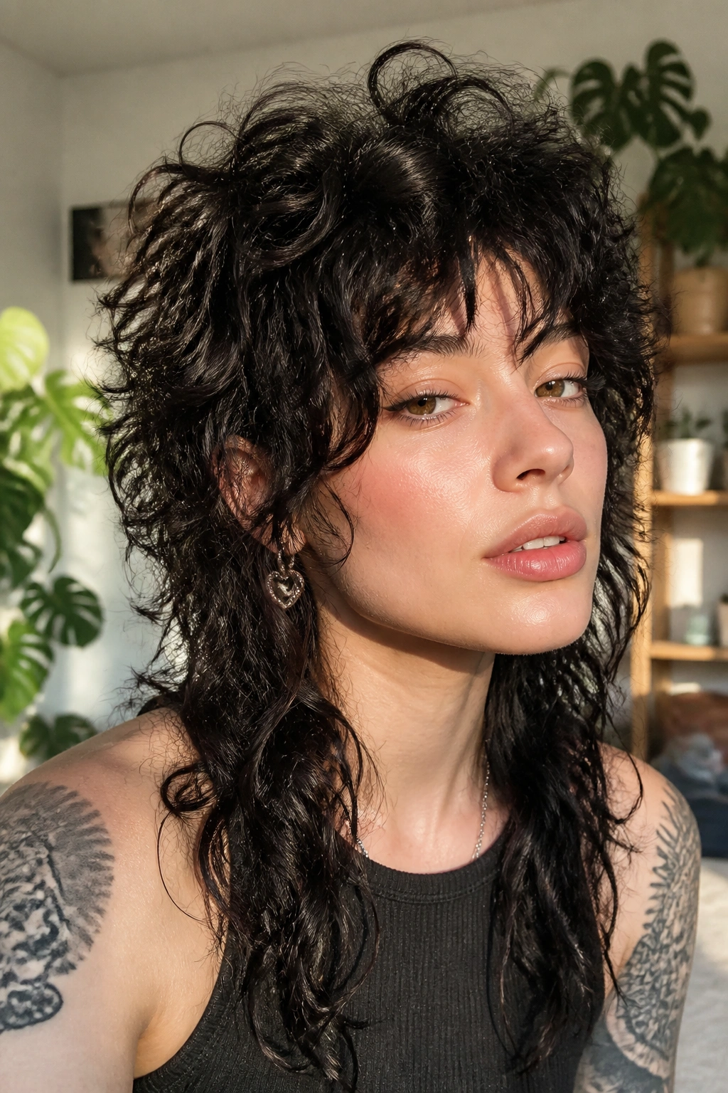Real woman with curly emo wolf cut close-up.