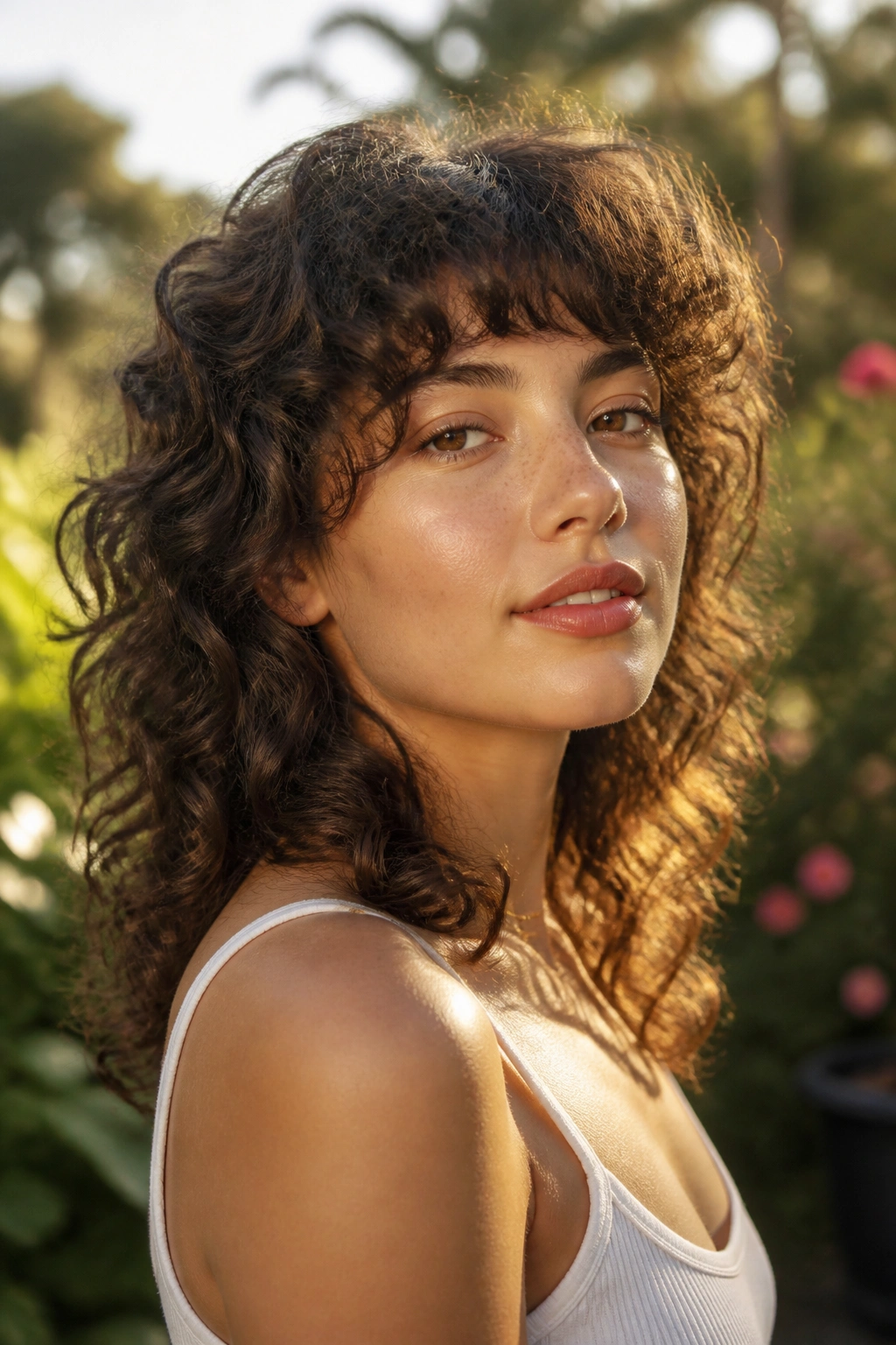 Real woman with curly wolf cut and rounded bangs in outdoor light.
