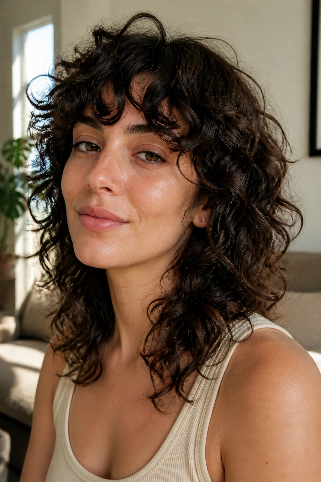 Real woman with air-dried curly wolf cut portrait