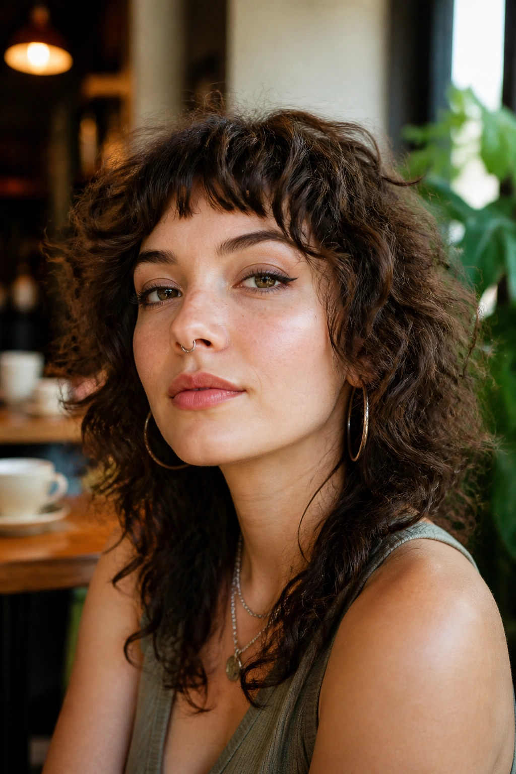Curly wolf cut with bangs on real woman in cafe light, close-up portrait.