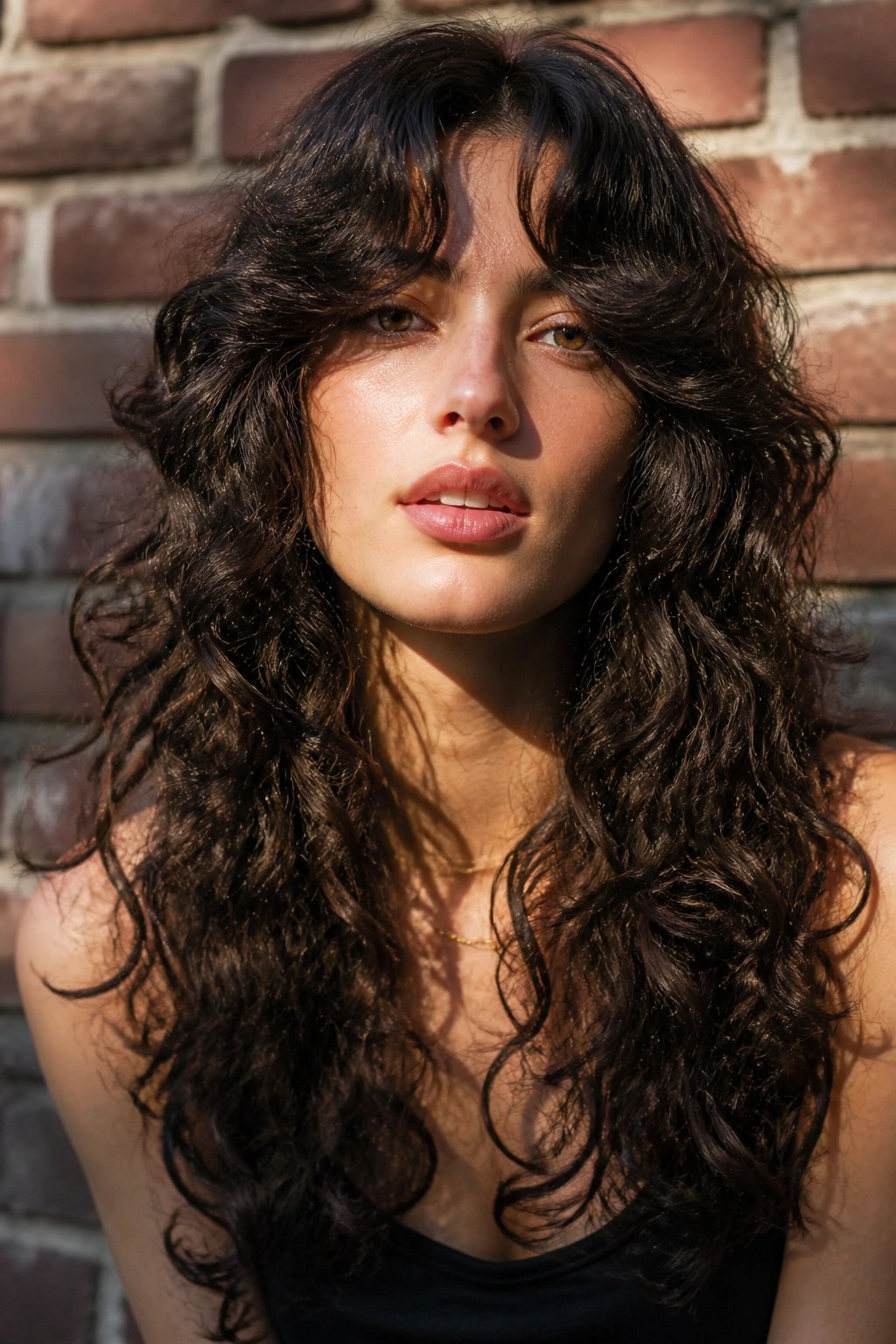 Long curly wolf cut with curtain bangs on a real woman in sunlit setting.
