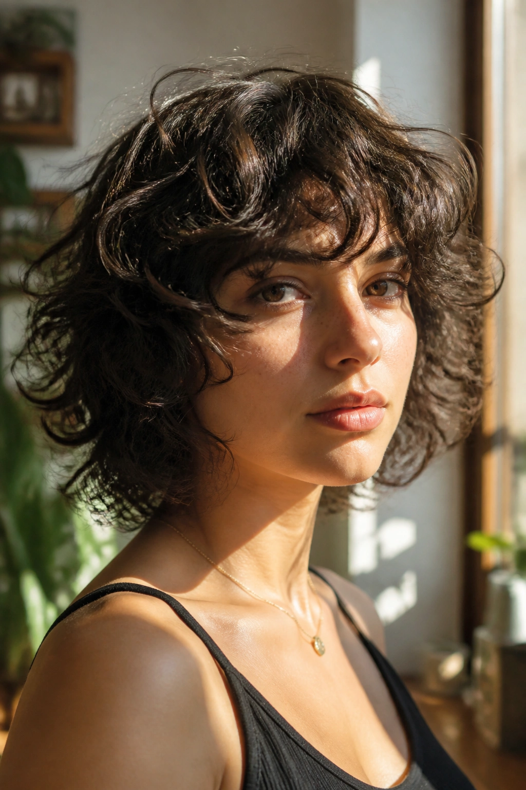 Close-up of a real woman's curly wolf cut bob with airy shape.