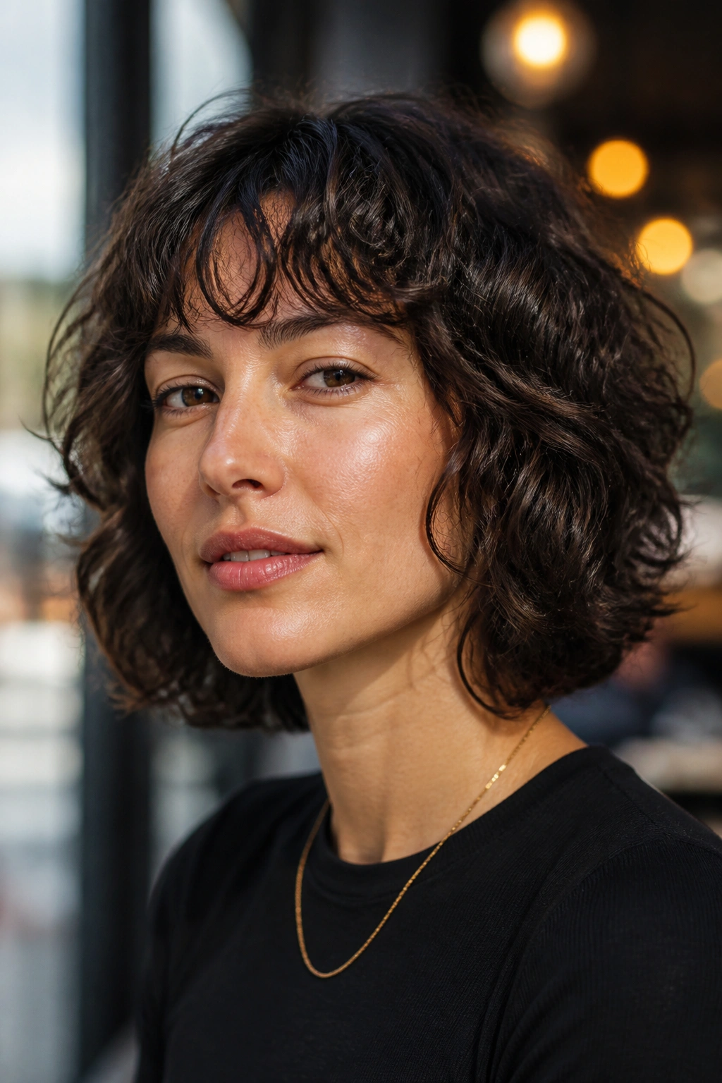 Close-up portrait of a real woman with a curly chin-length wolf cut in warm cafe light