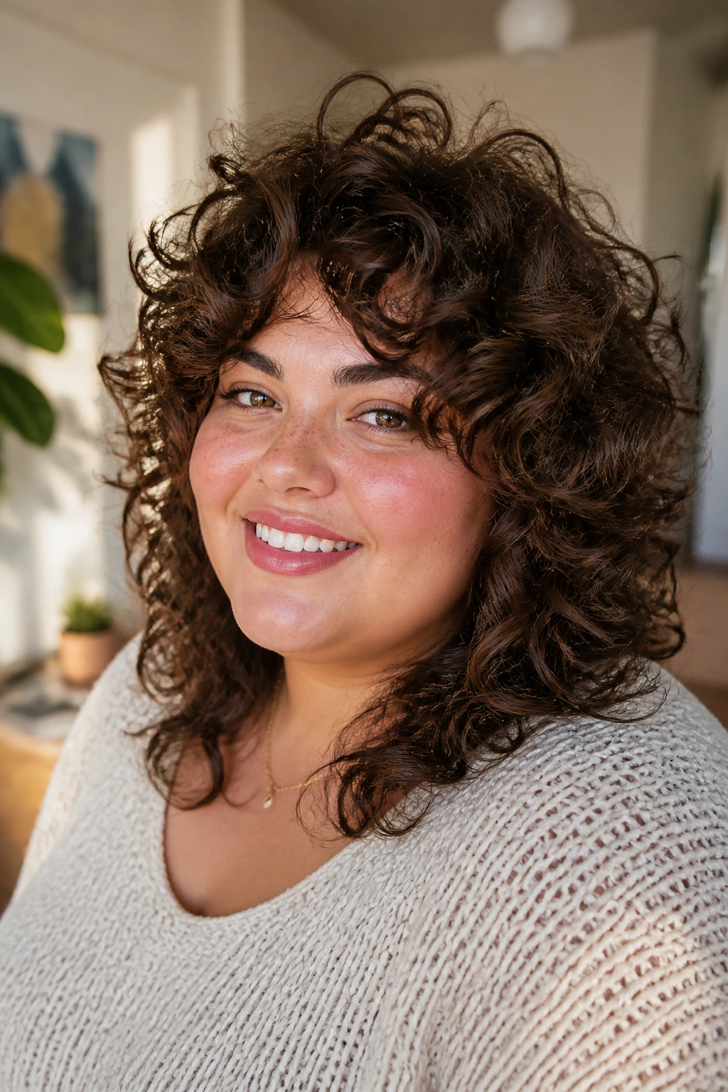 Close-up of woman with curly wolf cut and high crown