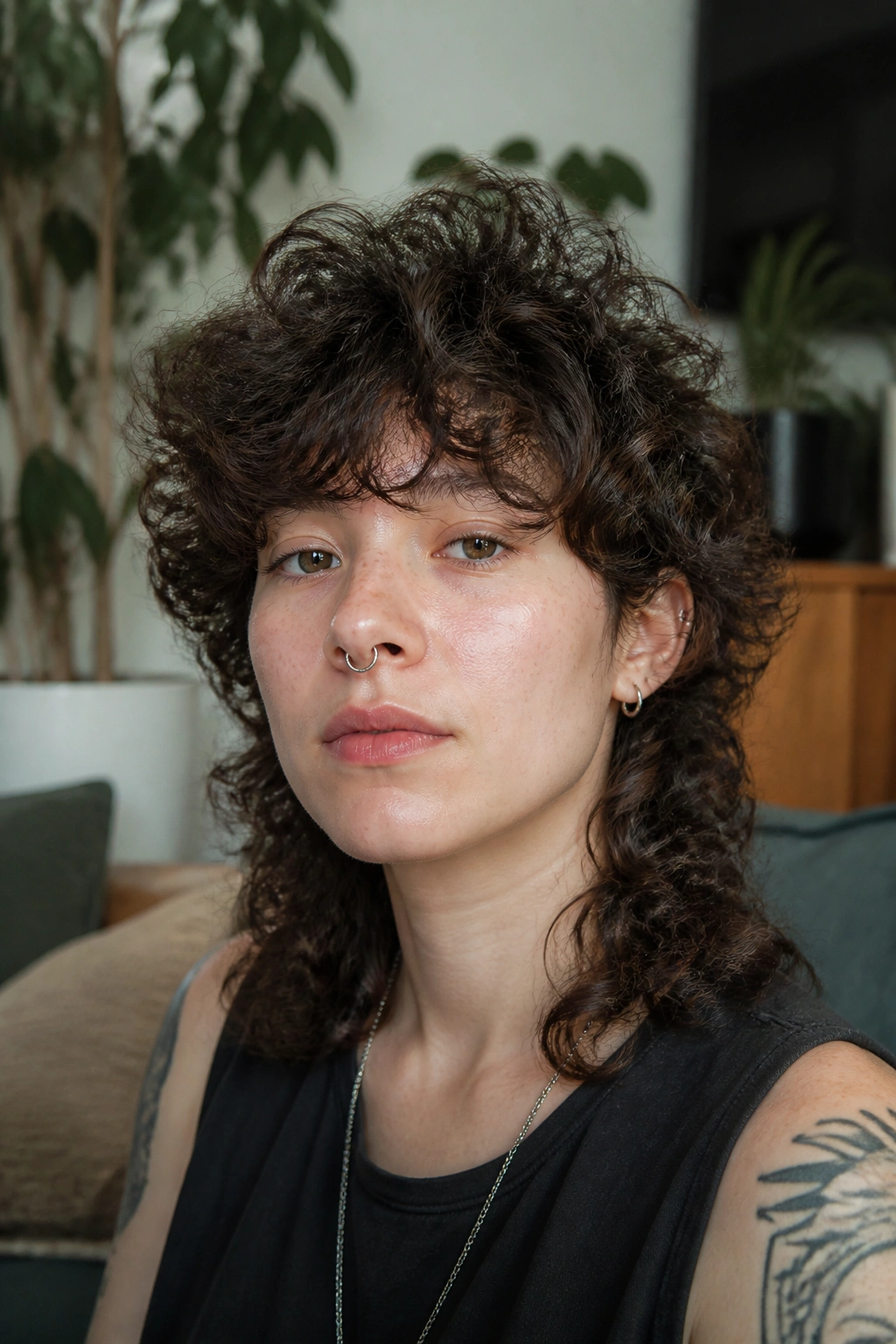 Close-up portrait of a real person with curly wolf cut and lifted crown