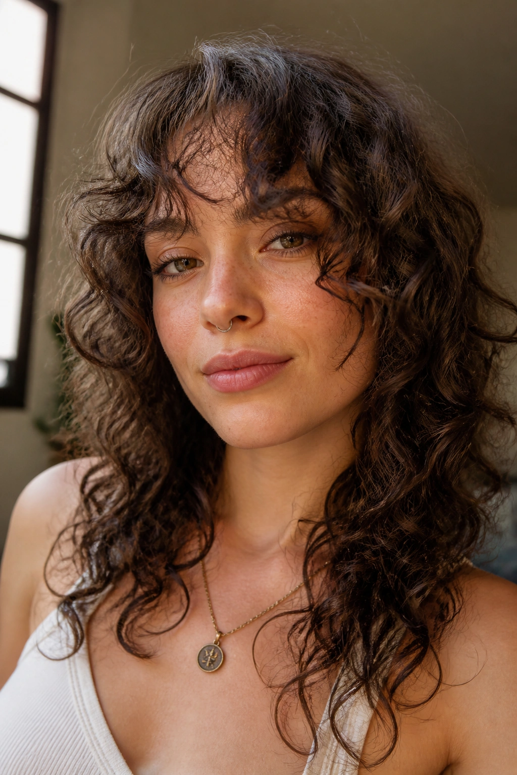 Close-up portrait of a real person with curly wolf cut and curtain bangs