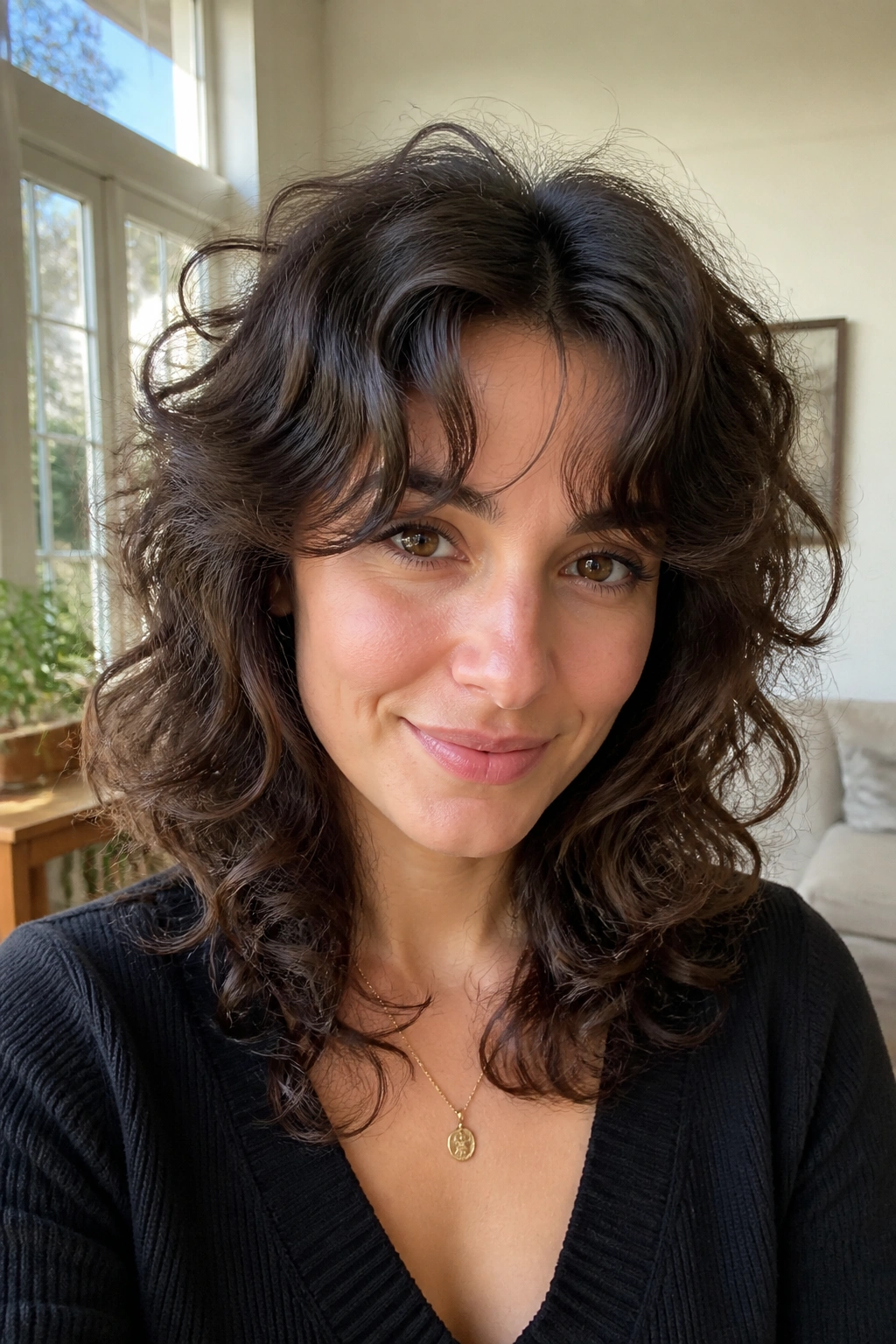 Close-up of real person with curtain bangs curly wolf cut in a bright living room