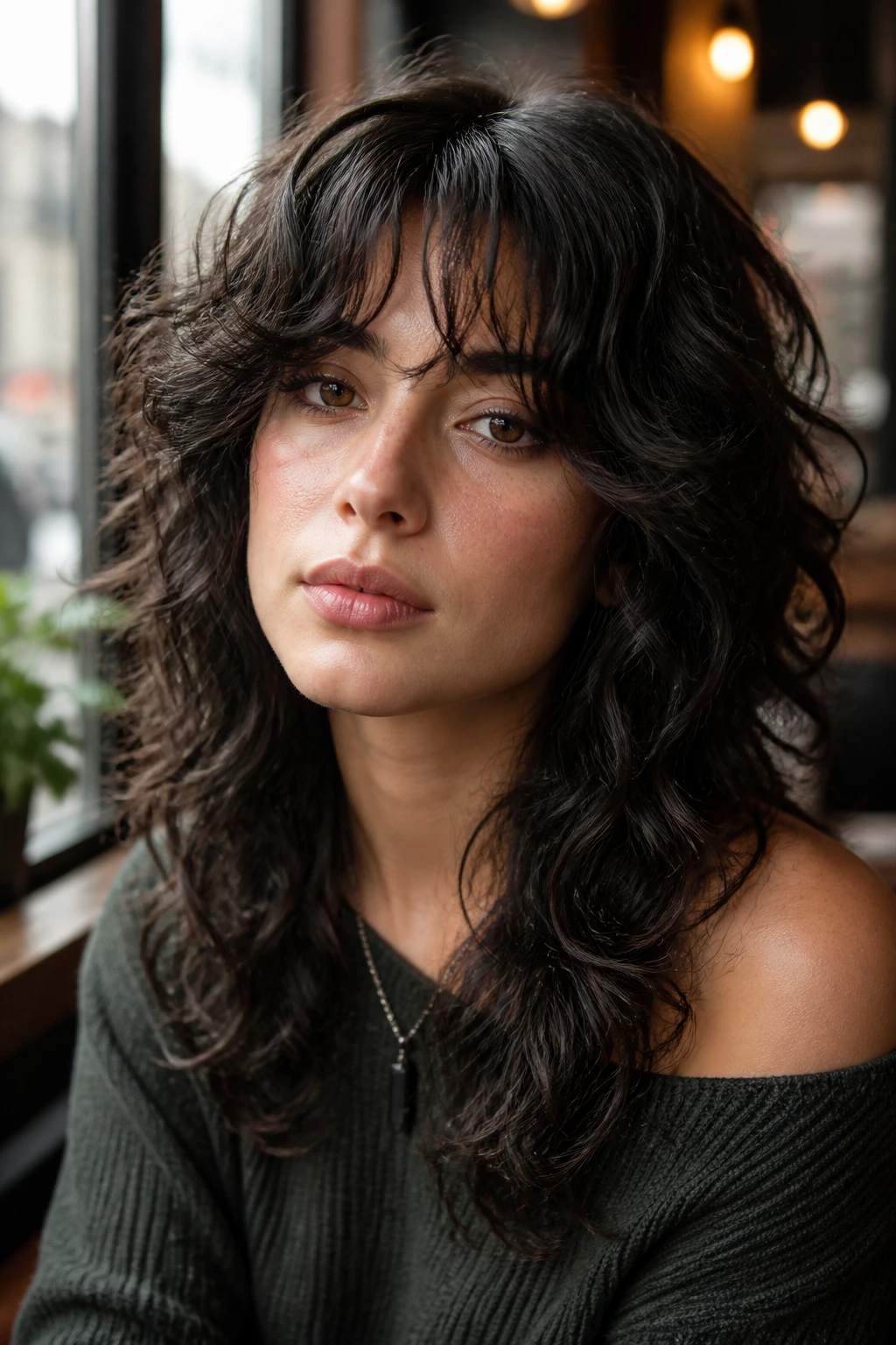 Close-up portrait of a real woman with curly wolf cut and curtain bangs in a warm cafe setting
