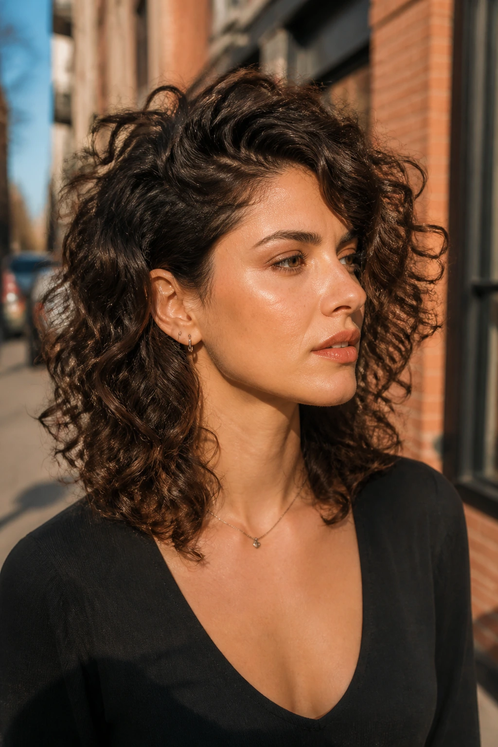 Close-up of a real person with a deep side-parted curly wolf cut.