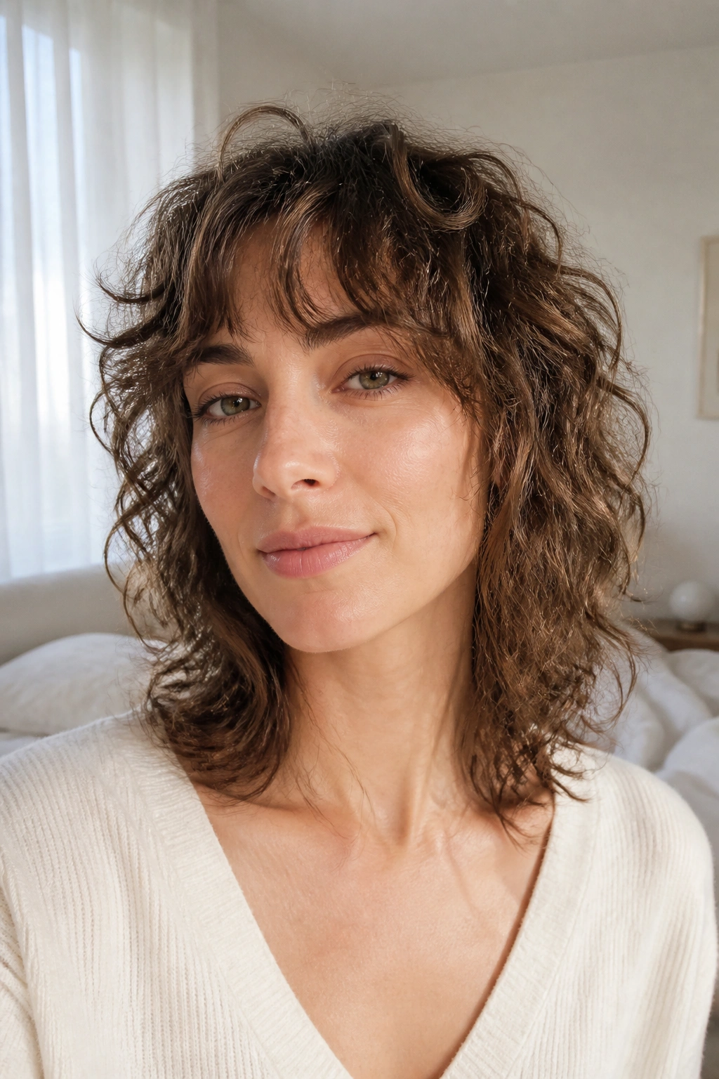 Real woman with fine curly wolf cut showing lift and body