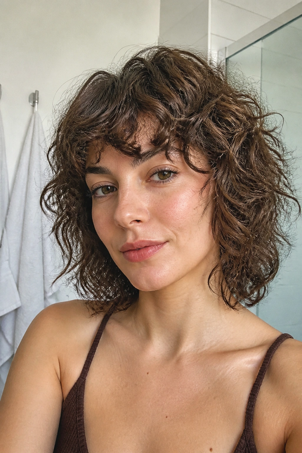 Close-up portrait of curly wolf cut bob with fringe on a real person