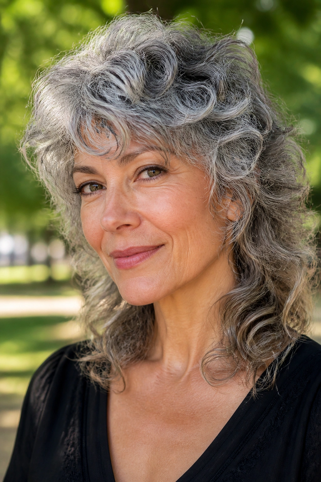 Real woman with gray silver curly wolf cut profile portrait