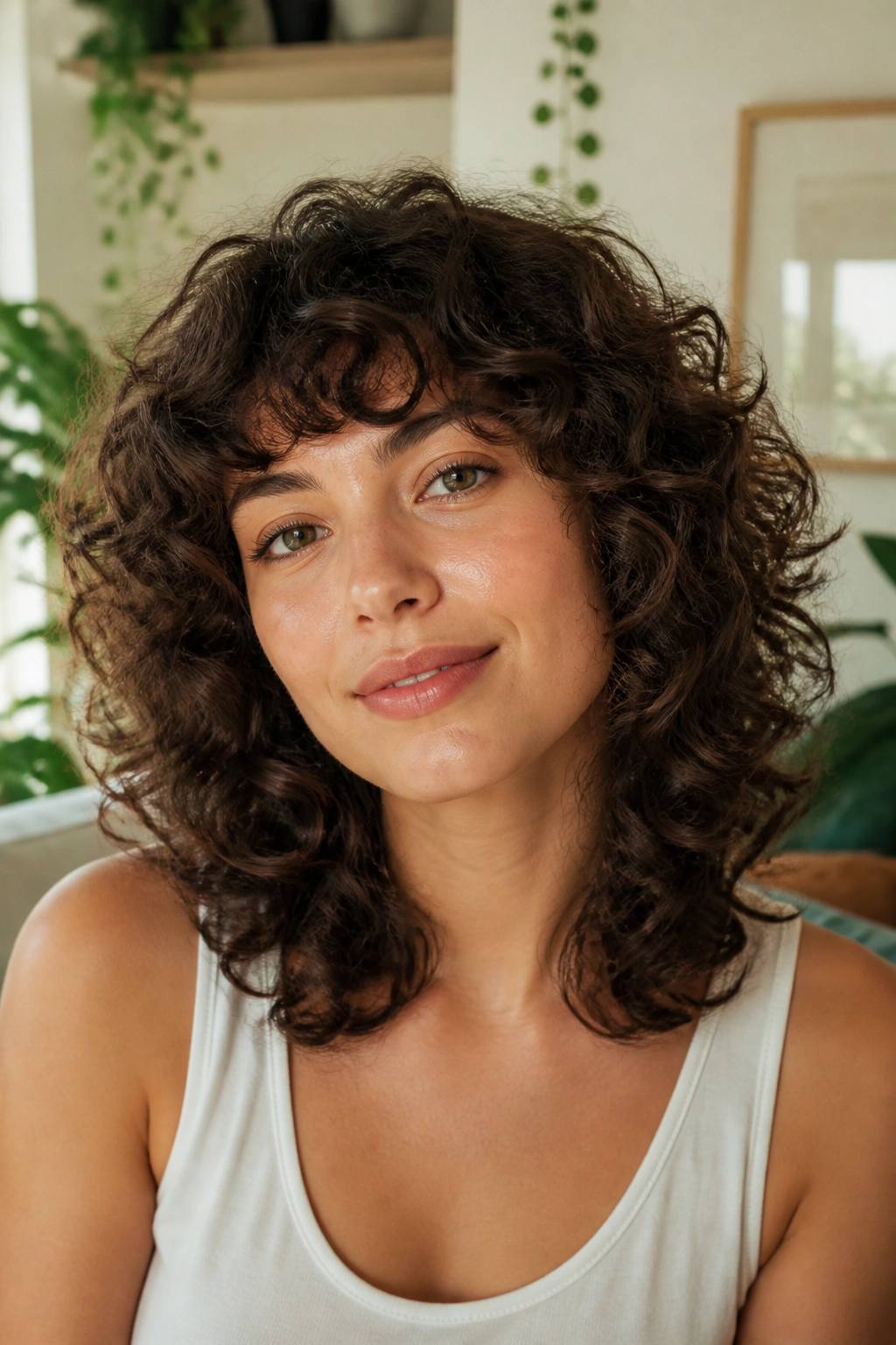 Rounded curly wolf cut with soft halo on real person in bright living room.