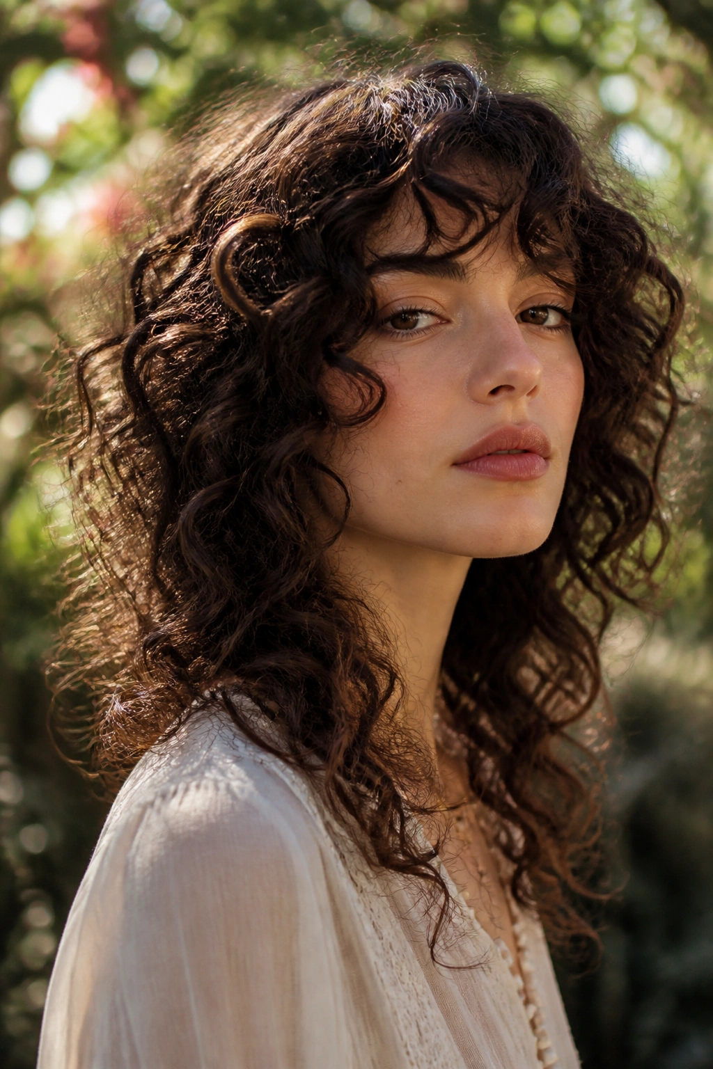 Close-up of a real person with curly wolf cut and halo layers in natural light