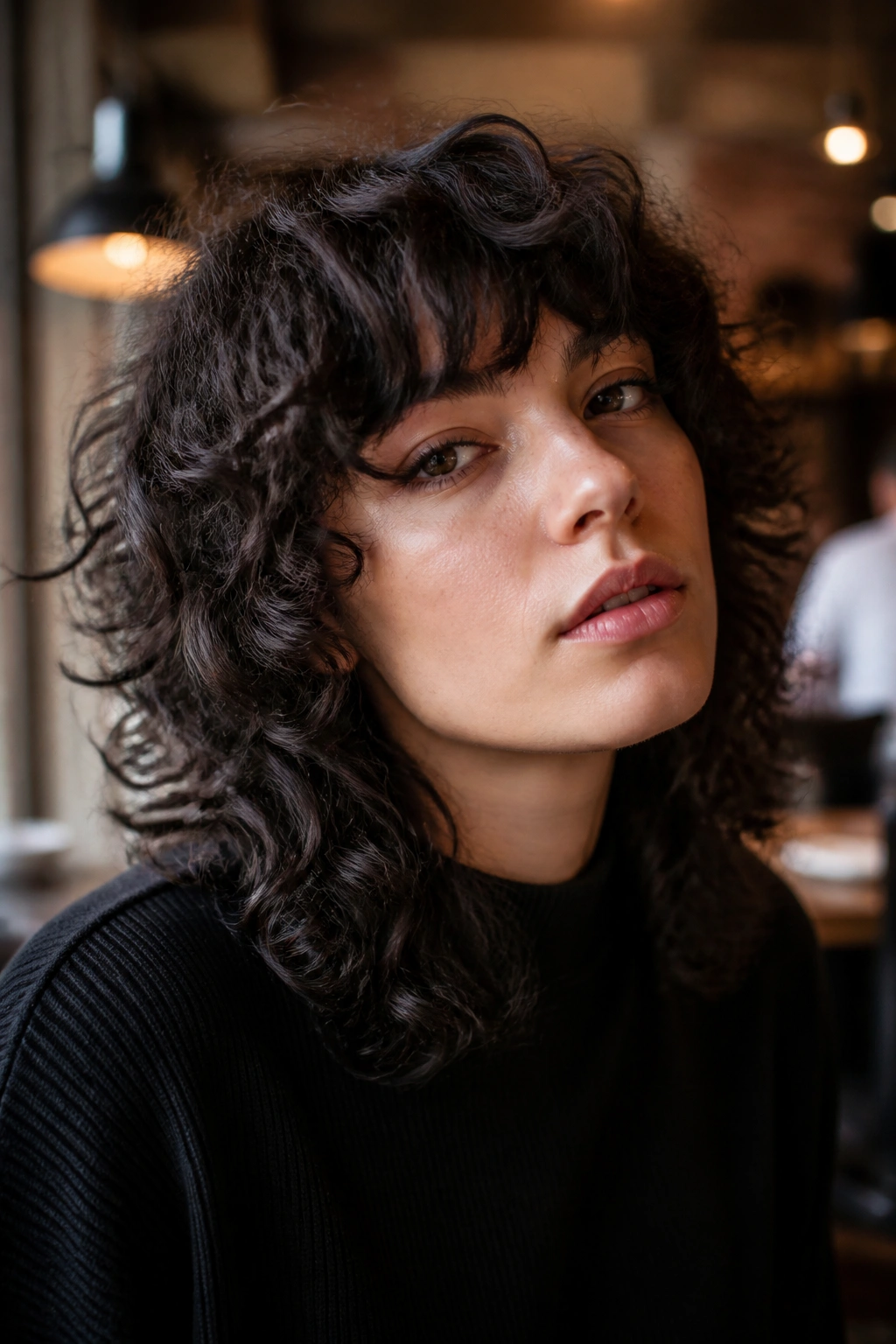 Close-up of real person with heavy fringe curly wolf cut in moody cafe lighting