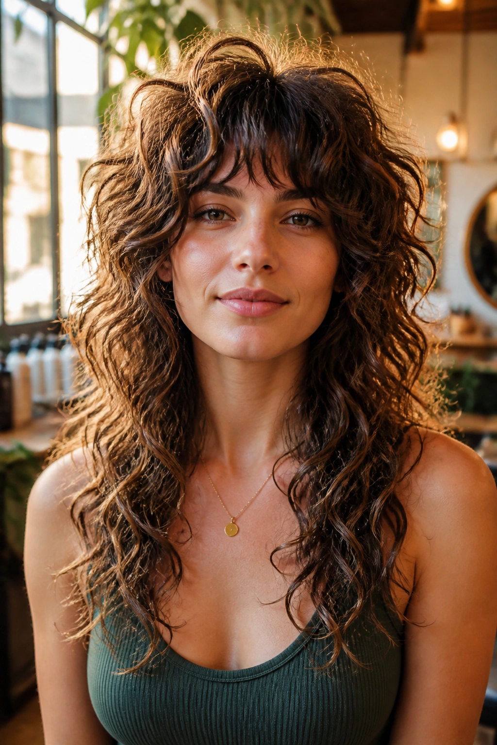 Close-up of a real woman with a Curly Shag-Wolf Hybrid With a Narrow Waist haircut, crown lift and tapered midlengths.