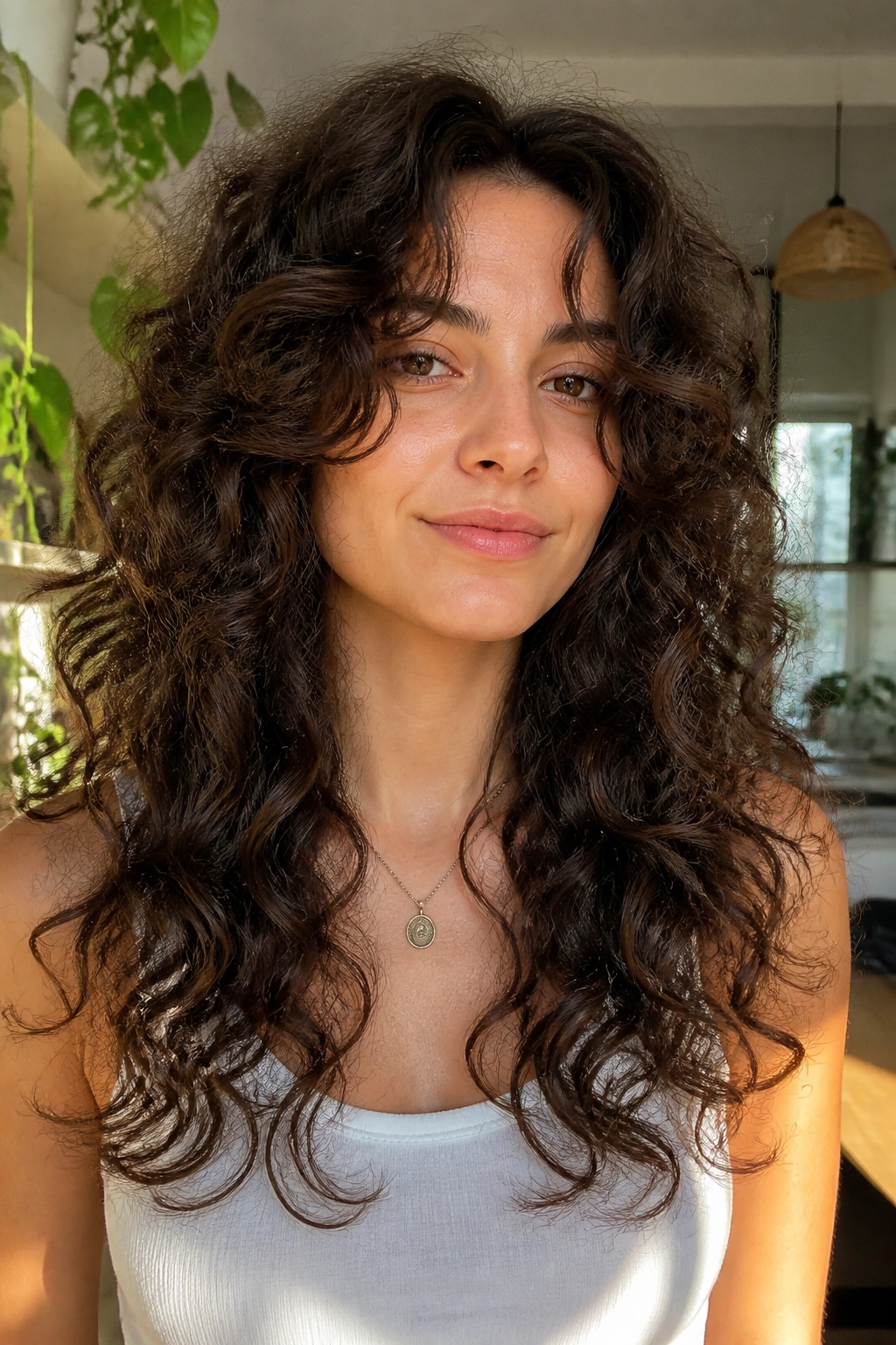 Portrait of a real woman with curly wolf cut and soft face-framing layers.