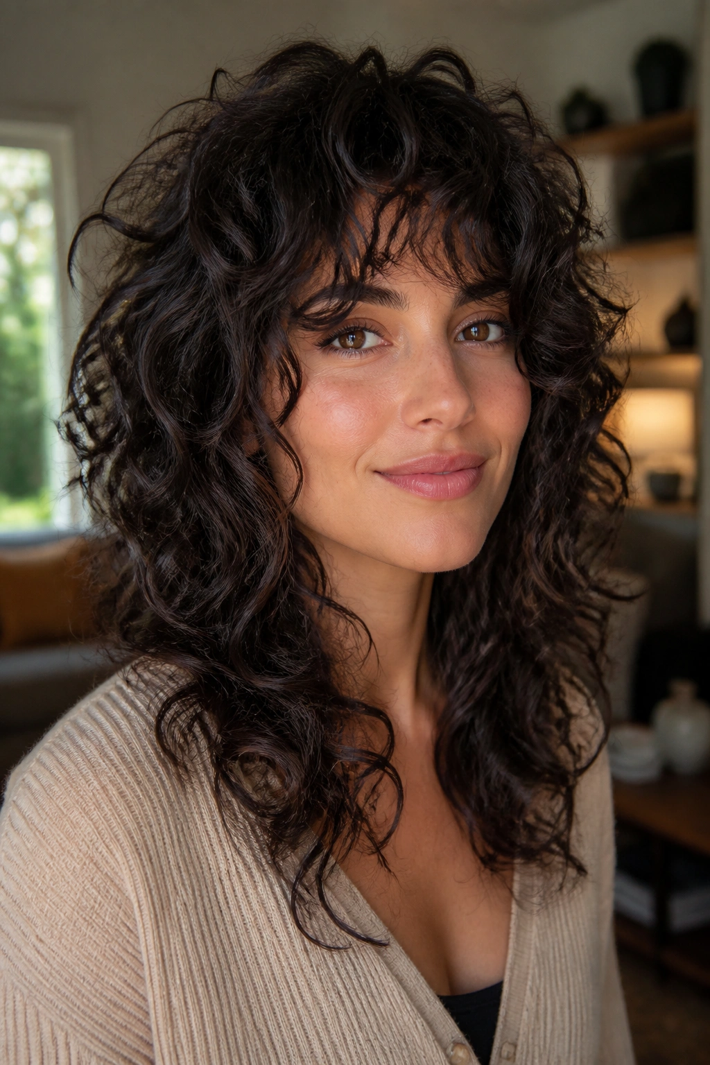 Close-up of a real woman with a curly wolf cut and soft layers in a cozy indoor setting.