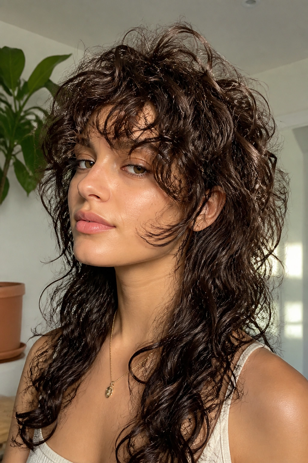 Close-up of a real person with curly wolf cut and lifted crown layers