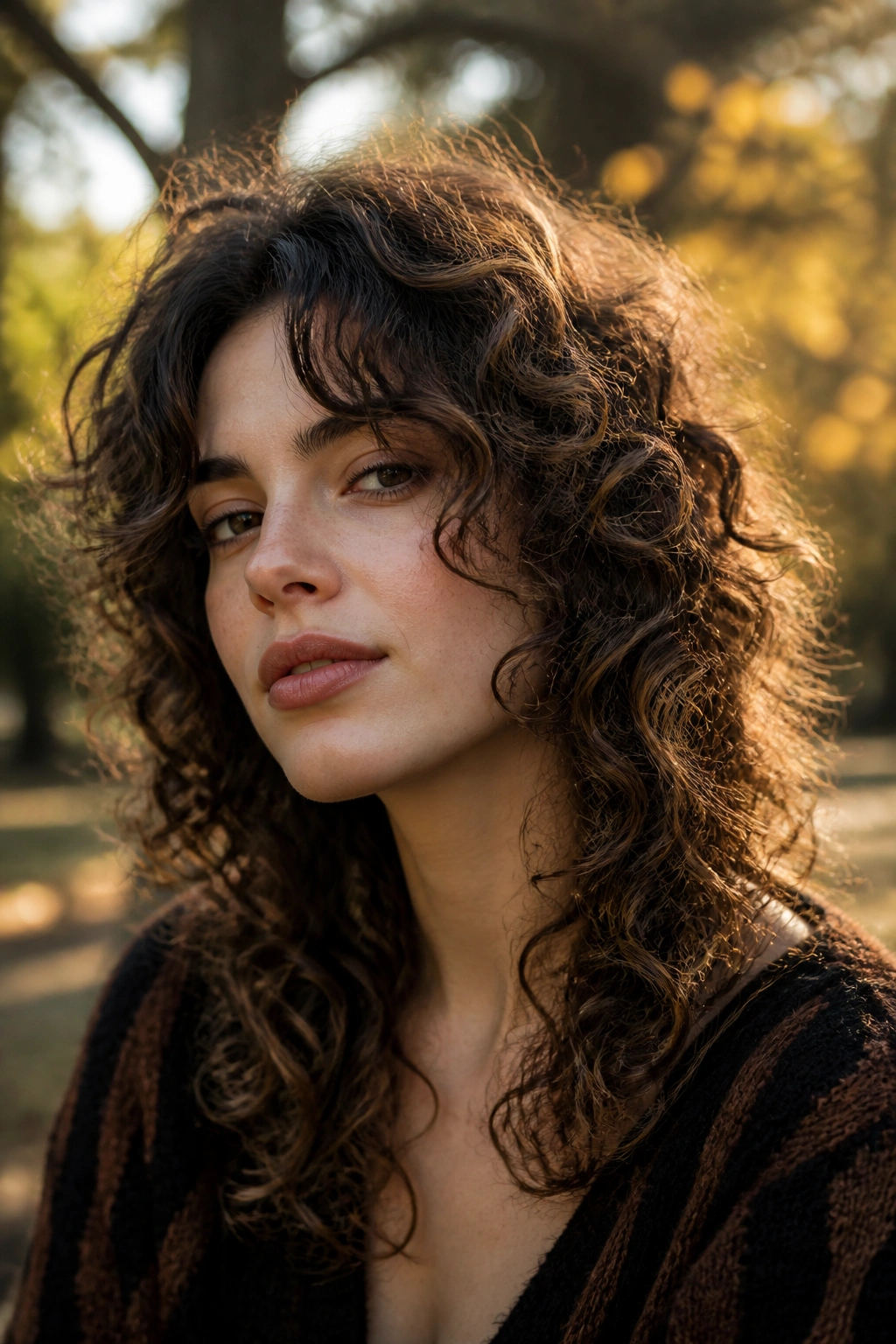 Close-up real person with curly wolf cut and long curtain fringe