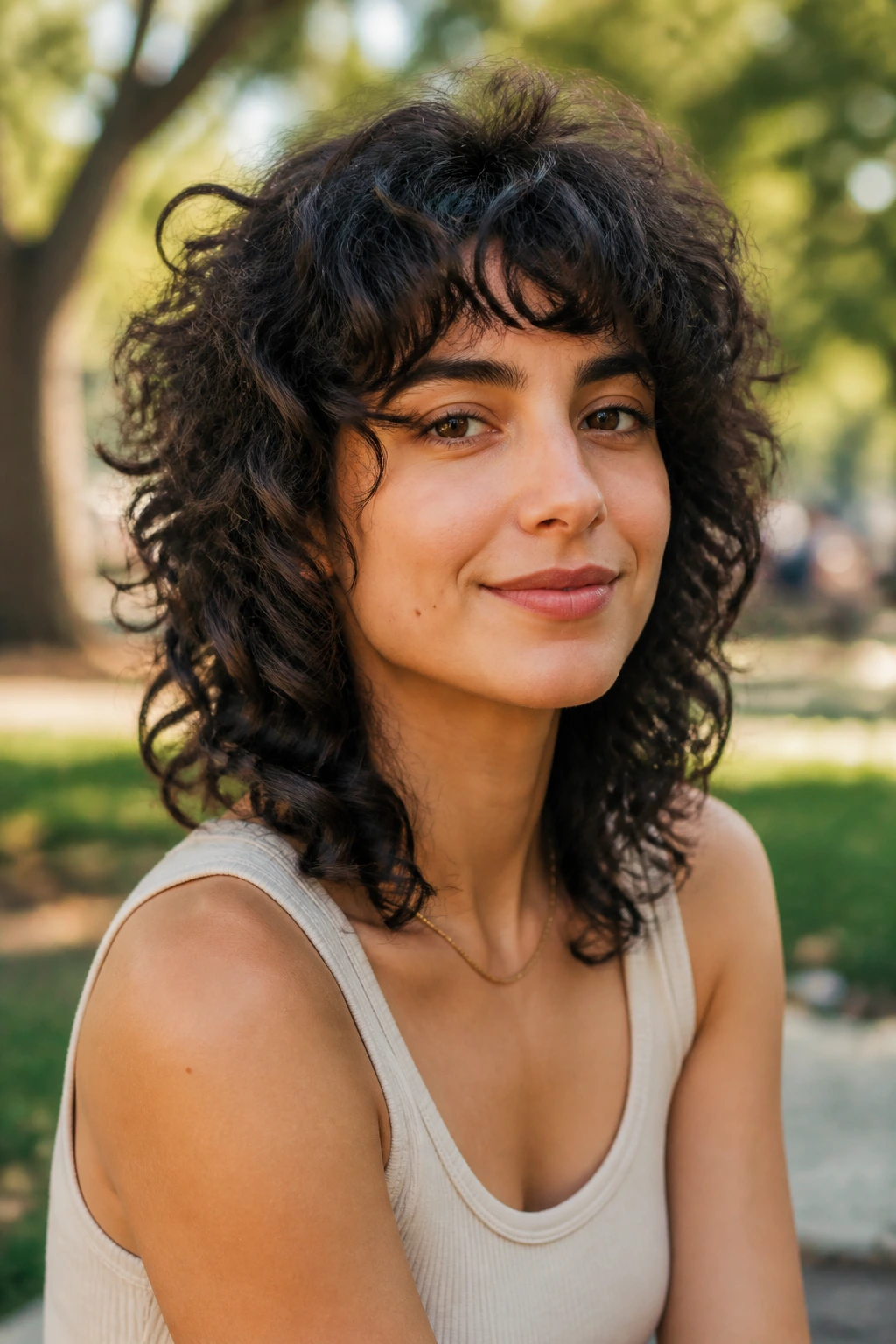 Close-up of a real person with curly wolf cut on medium-length hair