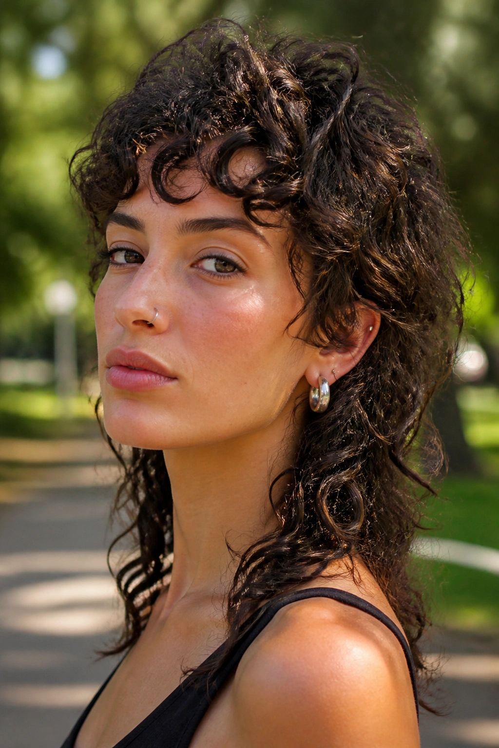 Real woman with curly wolf cut mullet portrait in park