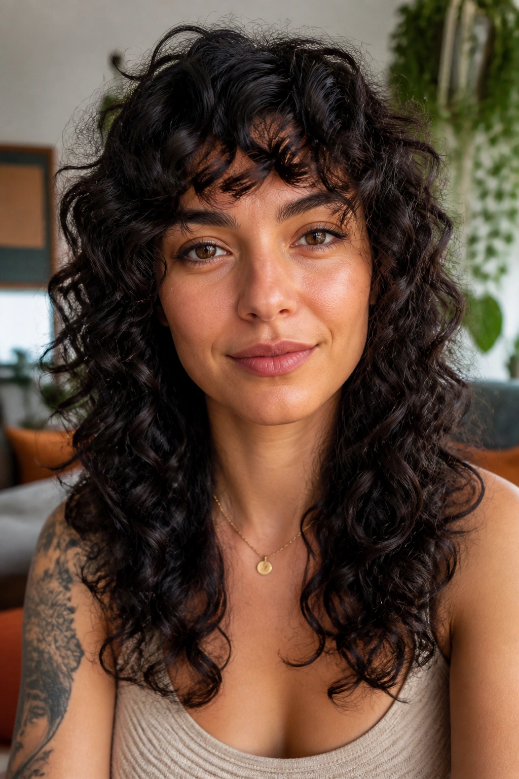 Close-up portrait of a real woman with curly wolf cut showing defined curls