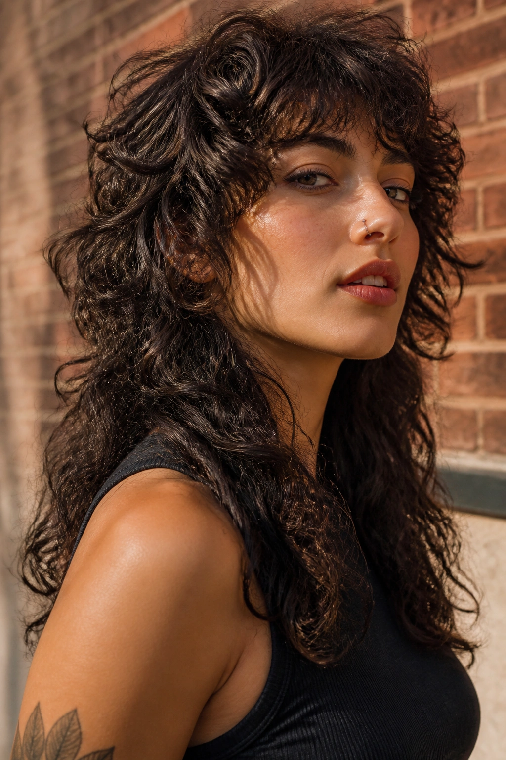 Portrait of a woman with curly wolf cut hairstyle.