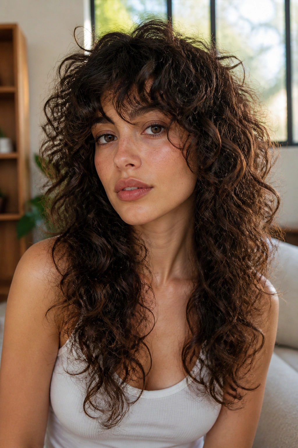 Close-up of a real woman with a curly long wolf cut, crown lift and defined ringlets.