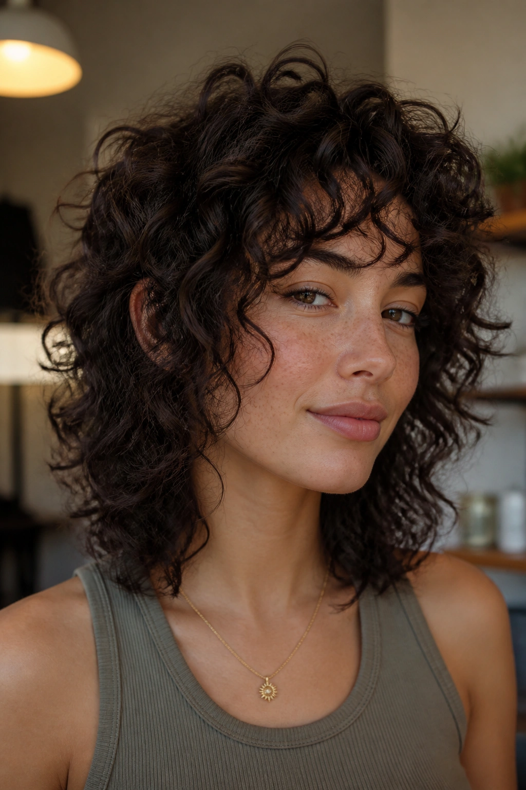 Close-up portrait of a real woman with curly shoulder-length wolf cut