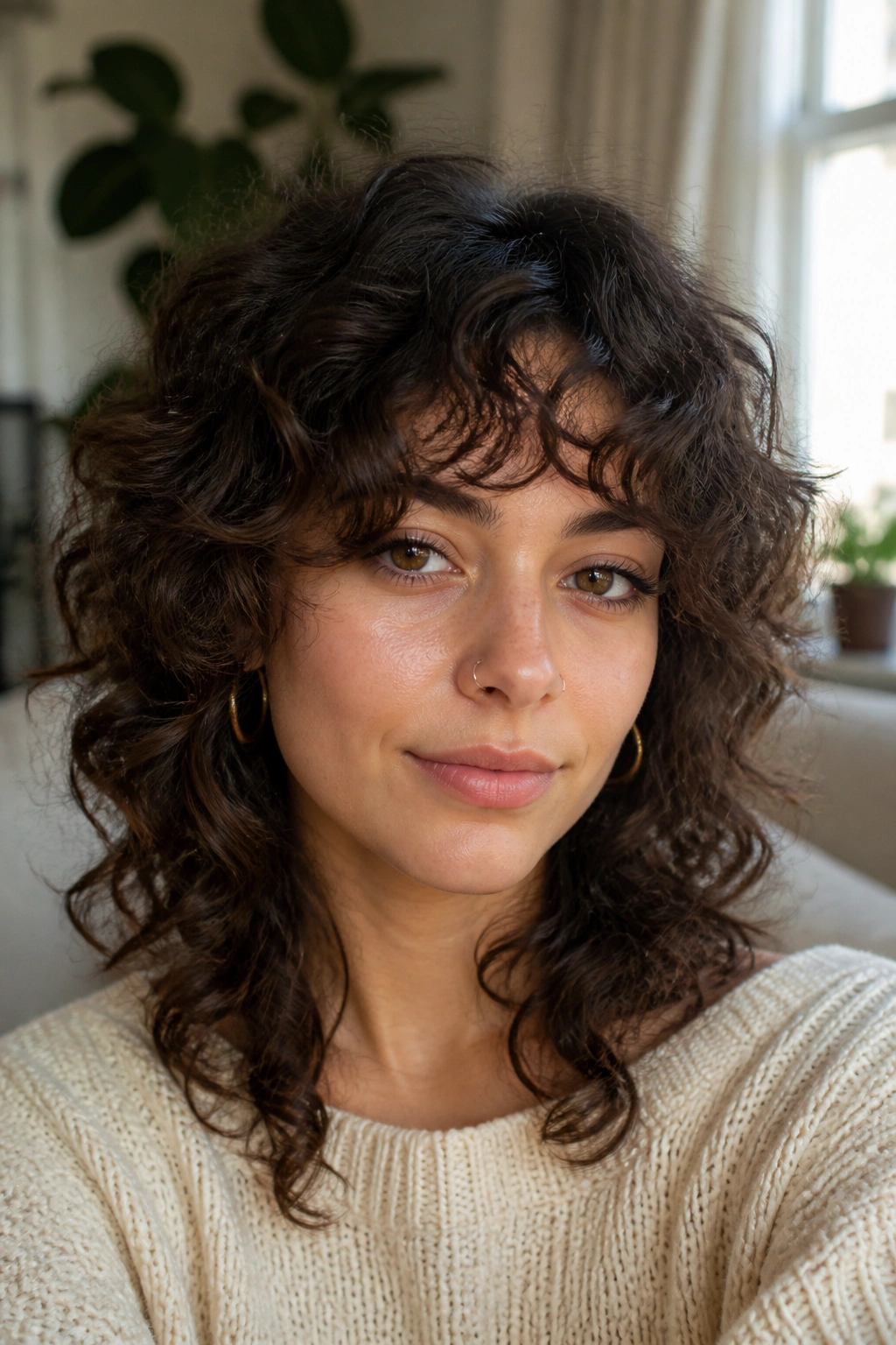 Close-up portrait of a real woman with curly wolf cut and rounded curtain bangs.