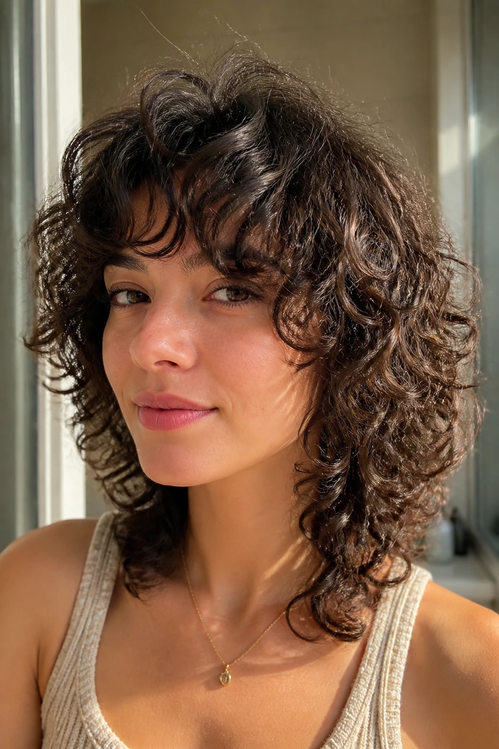 Close-up portrait of a real woman with a curly wolf cut and rounded crown