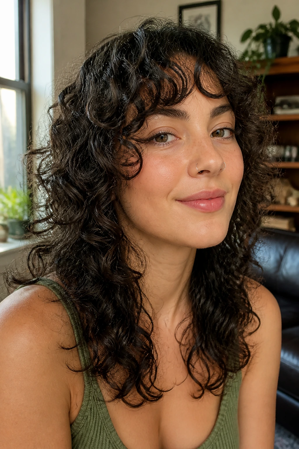 Close-up of a real woman with a curly wolf cut featuring rounded front layers and curls framing the cheeks.