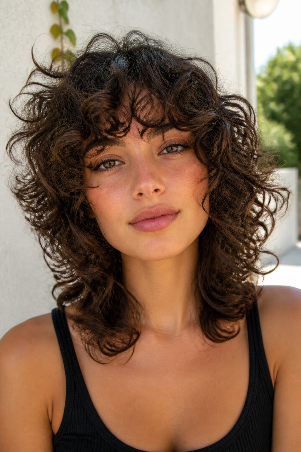 Real woman with curly wolf cut and rounded layers in soft sunlight