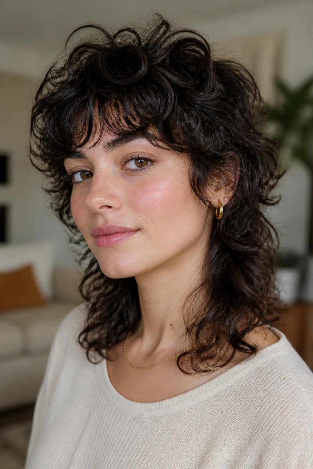 Portrait of a real woman with curly wolf cut and rounded layers.