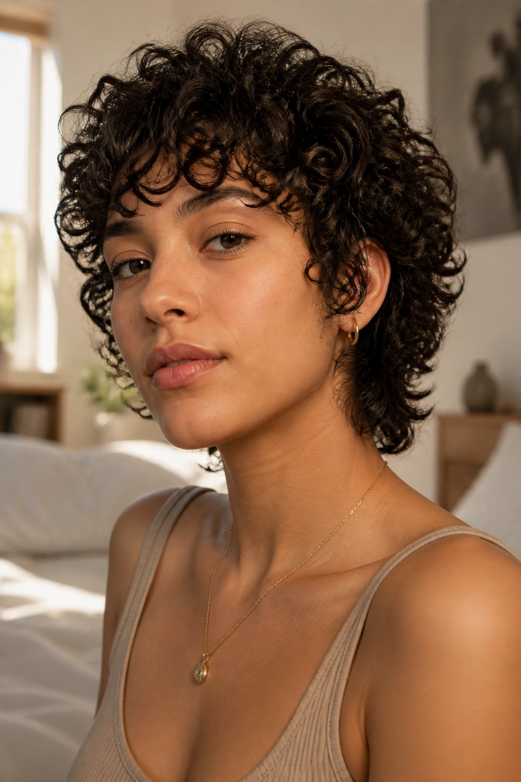 Close-up of a real person with curly wolf cut for short coils in a warm bedroom