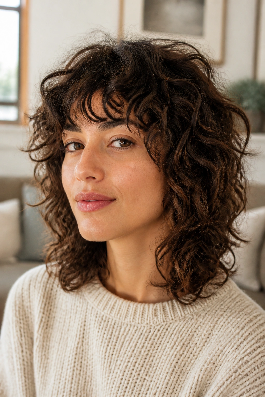Shoulder-length curly wolf cut on a real woman in natural window light, head-and-shoulders portrait.