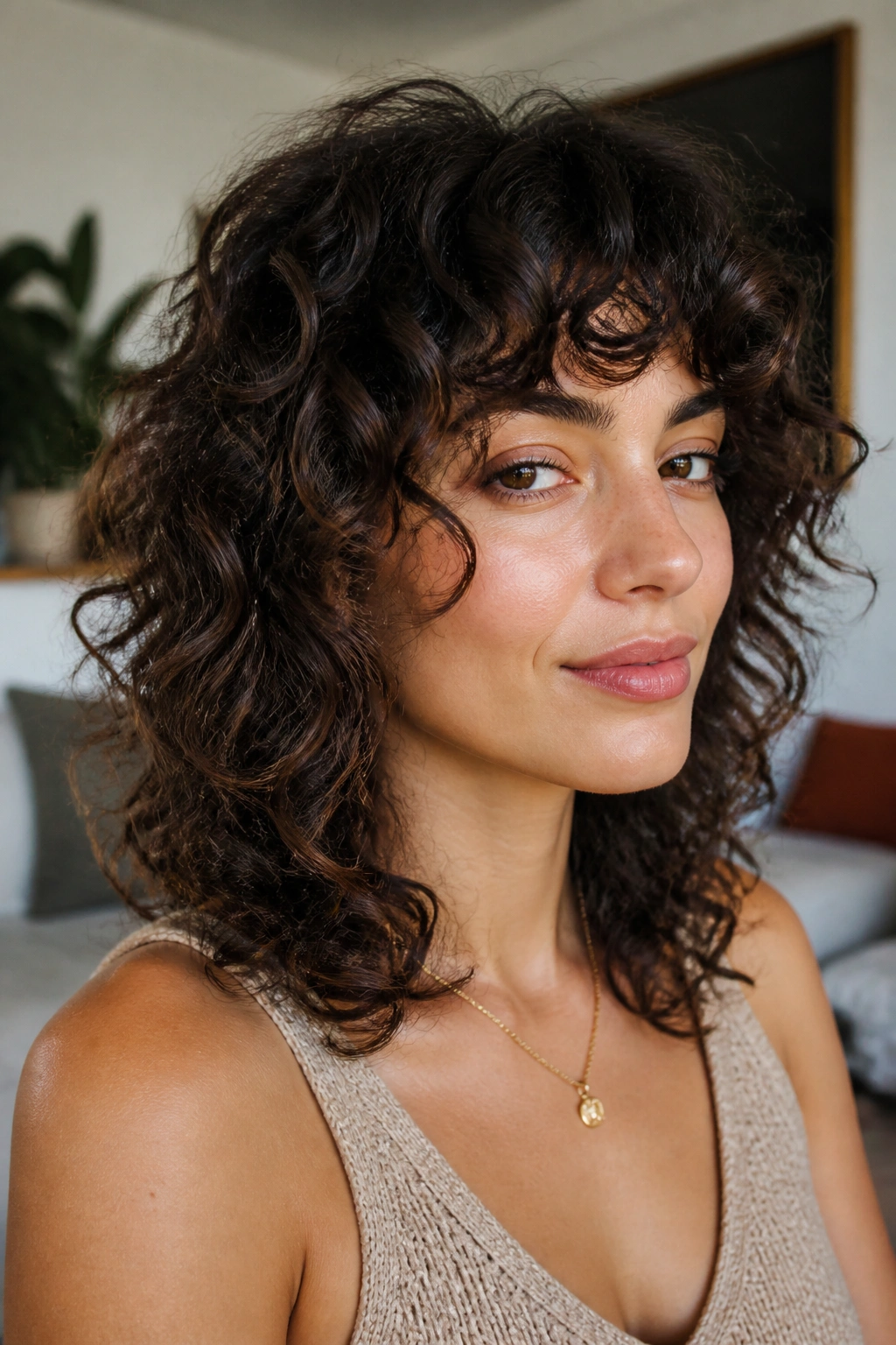 Close-up of a real woman with a curly shoulder-length wolf cut.