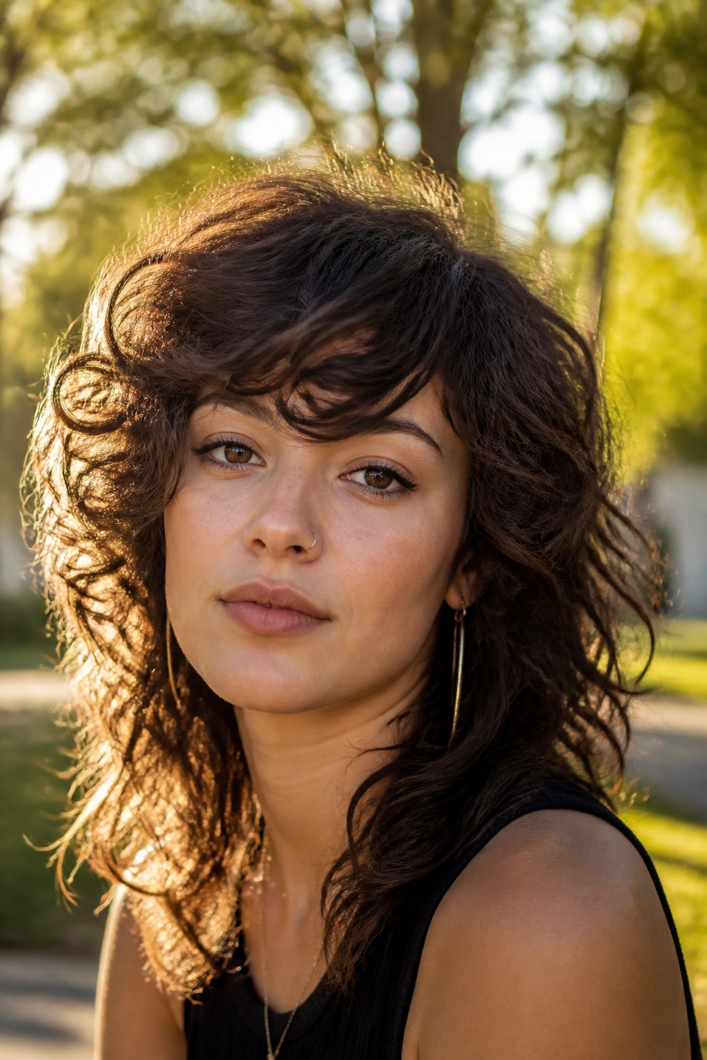 Curly wolf cut with side-swept fringe on real woman in a sunlit park.
