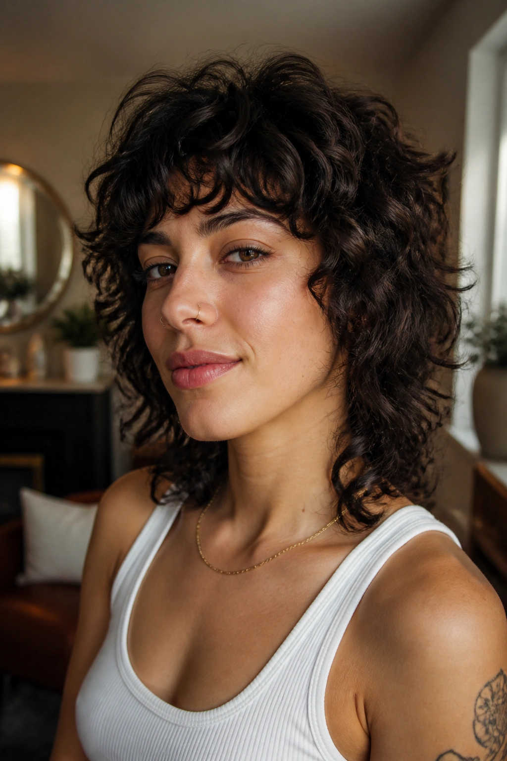 Close-up portrait of a real woman with a curly wolf cut and soft choppy layers in warm window light