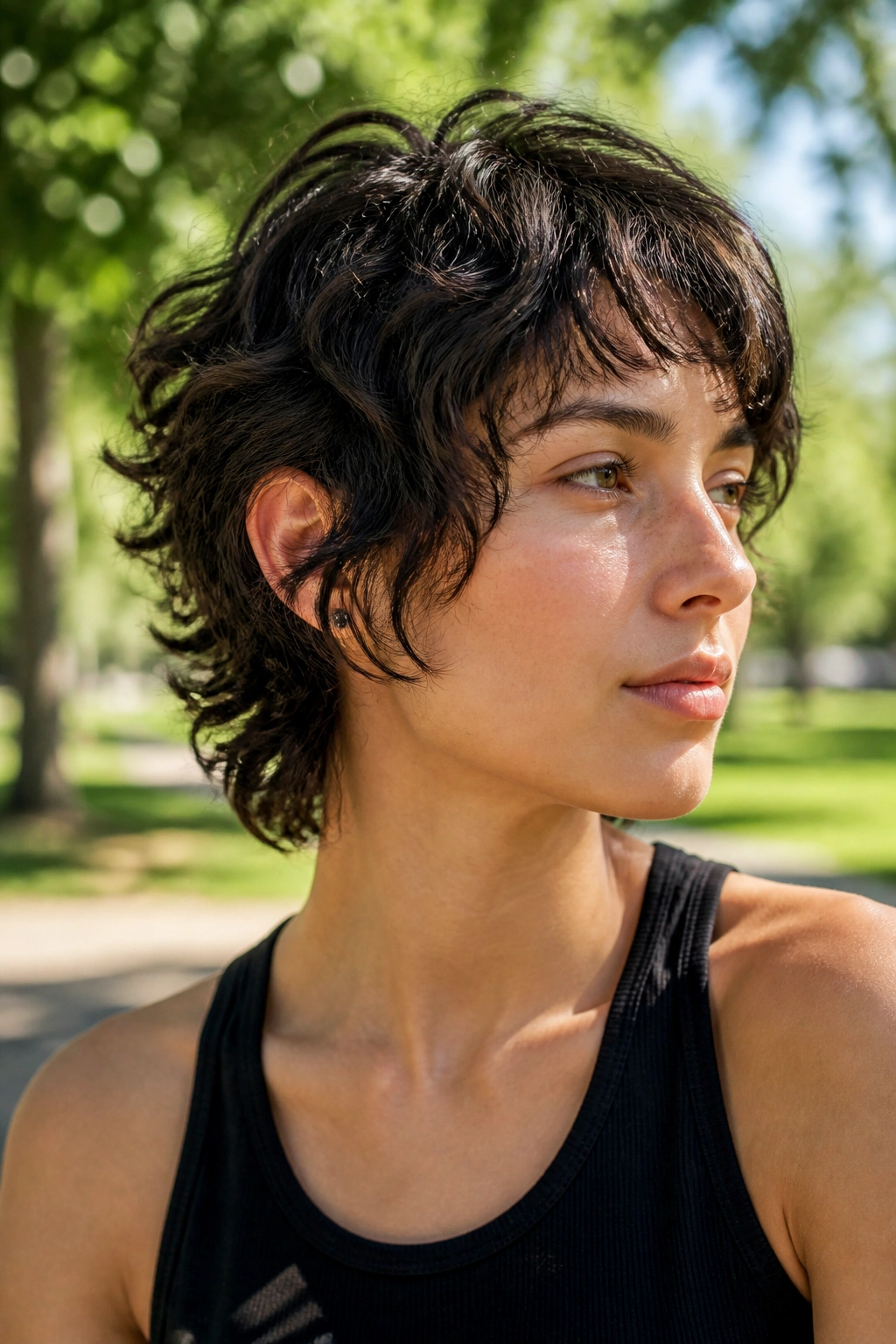 Real person with short curly wolf cut and soft layers outdoors