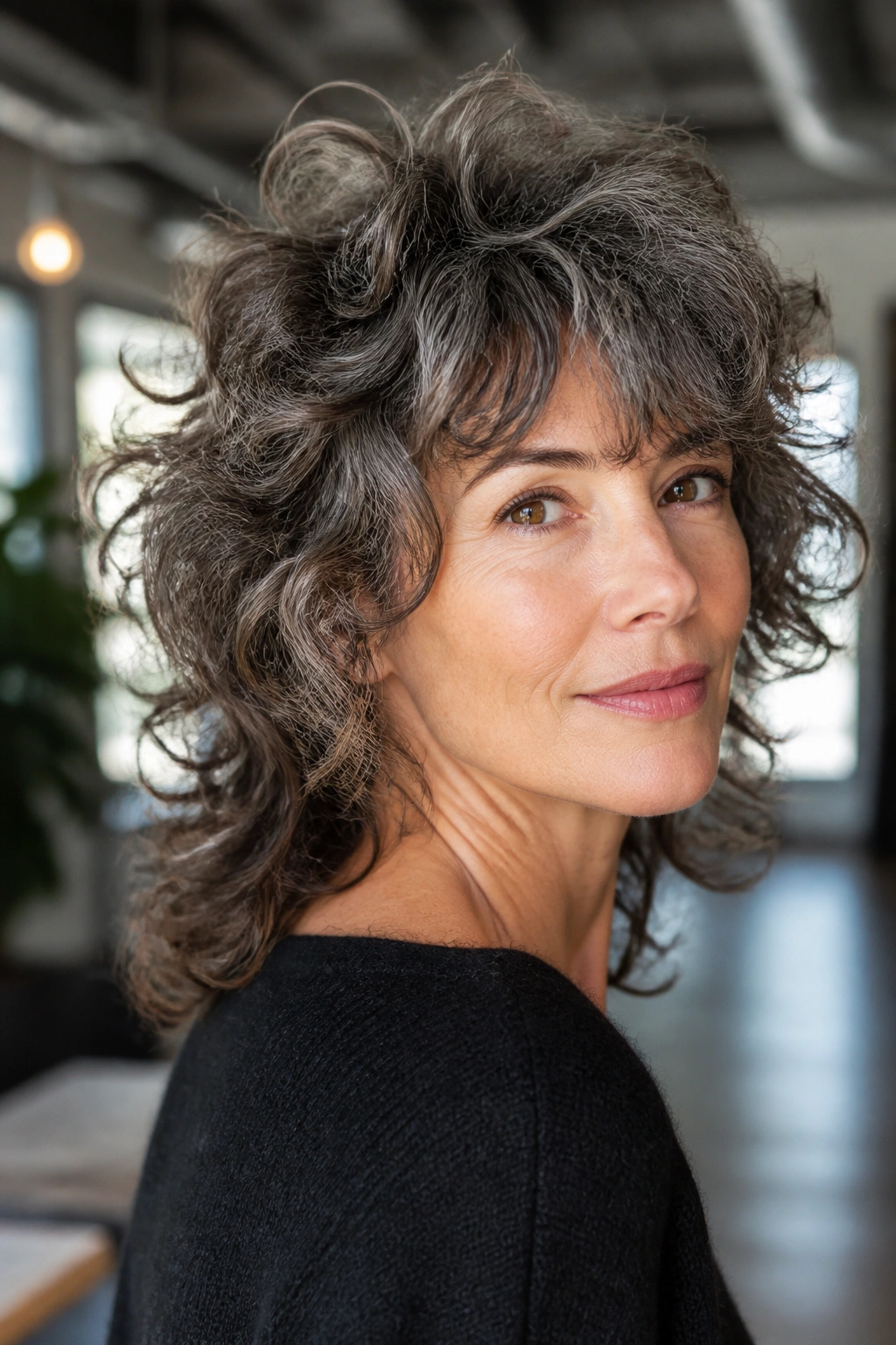 Real woman with layered curly wolf cut in bright loft setting