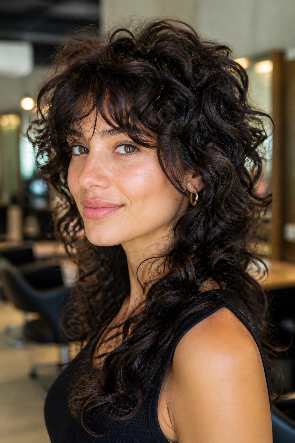 Real woman with thick-curly wolf cut in a portrait