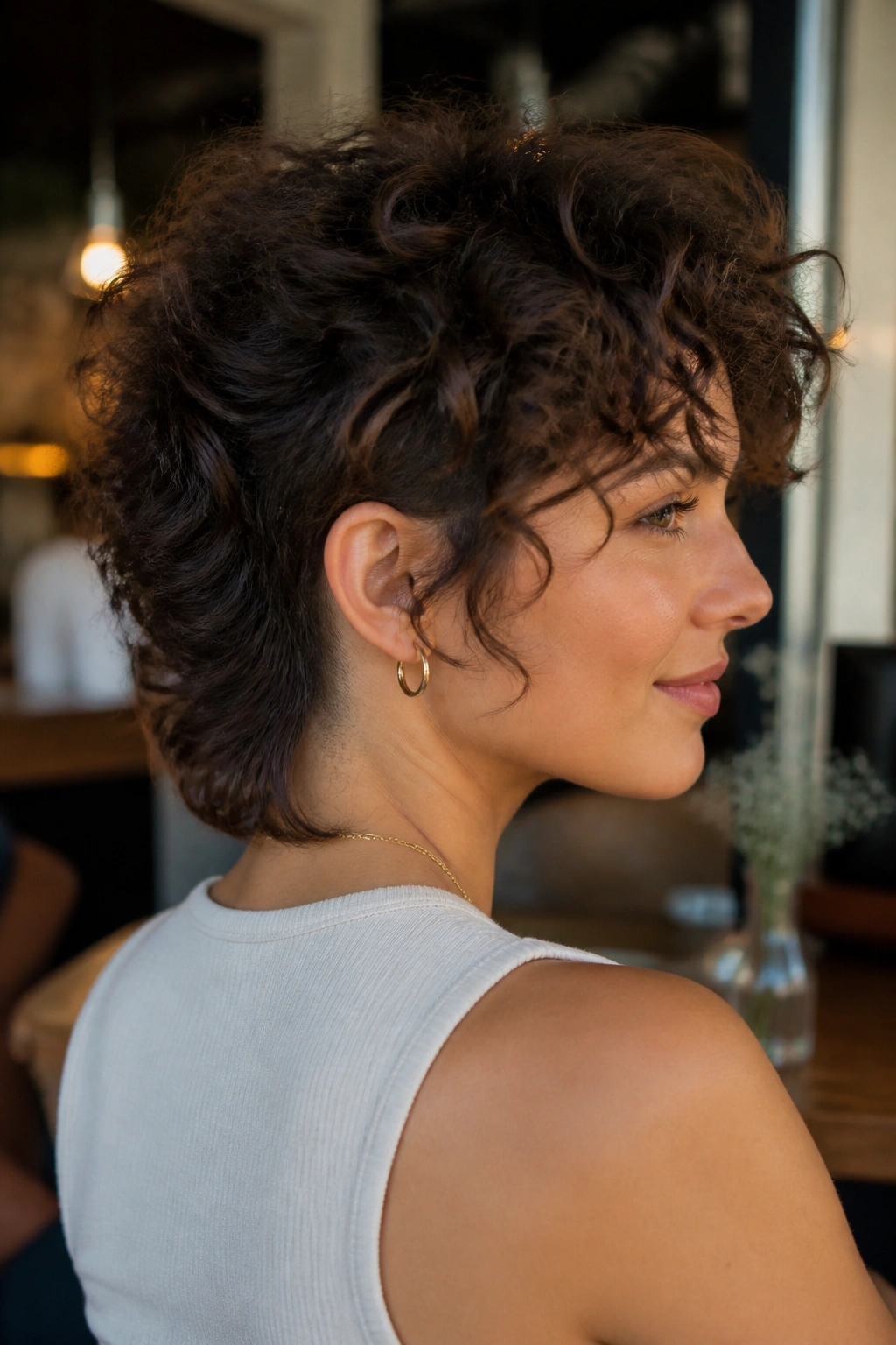 Real woman with curly wolf cut showing nape undercut