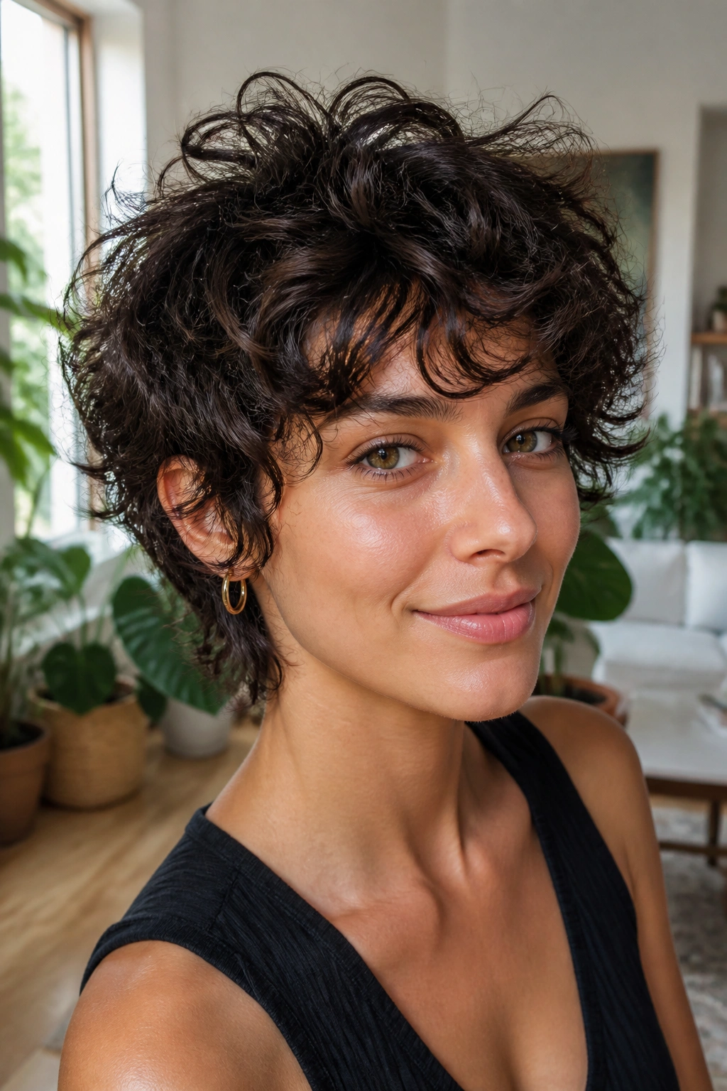 Close-up of a curly wolf pixie hairstyle on a real woman with natural texture