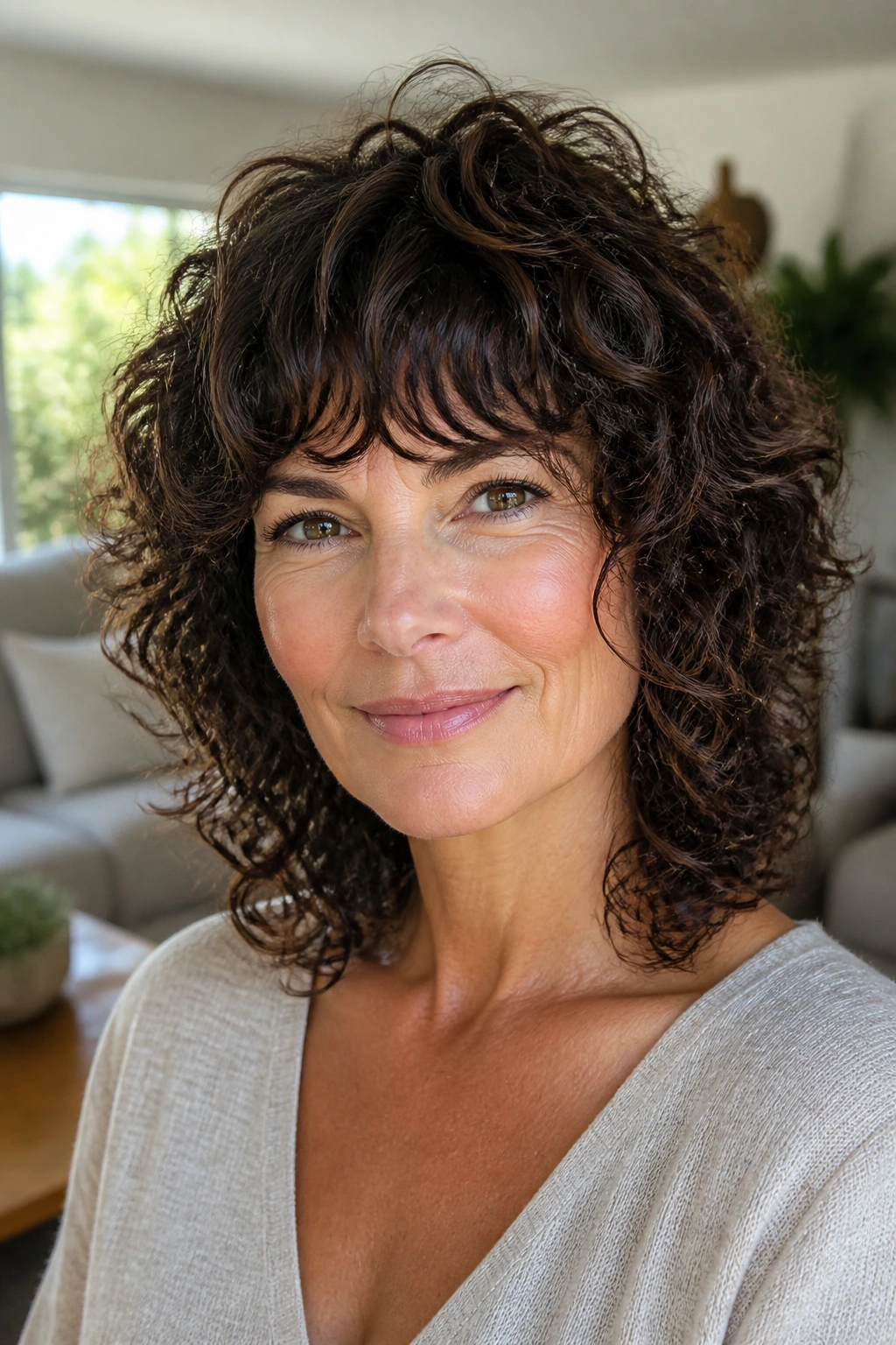 Close-up of a real woman with curly shag and fringe framing the eyebrows.