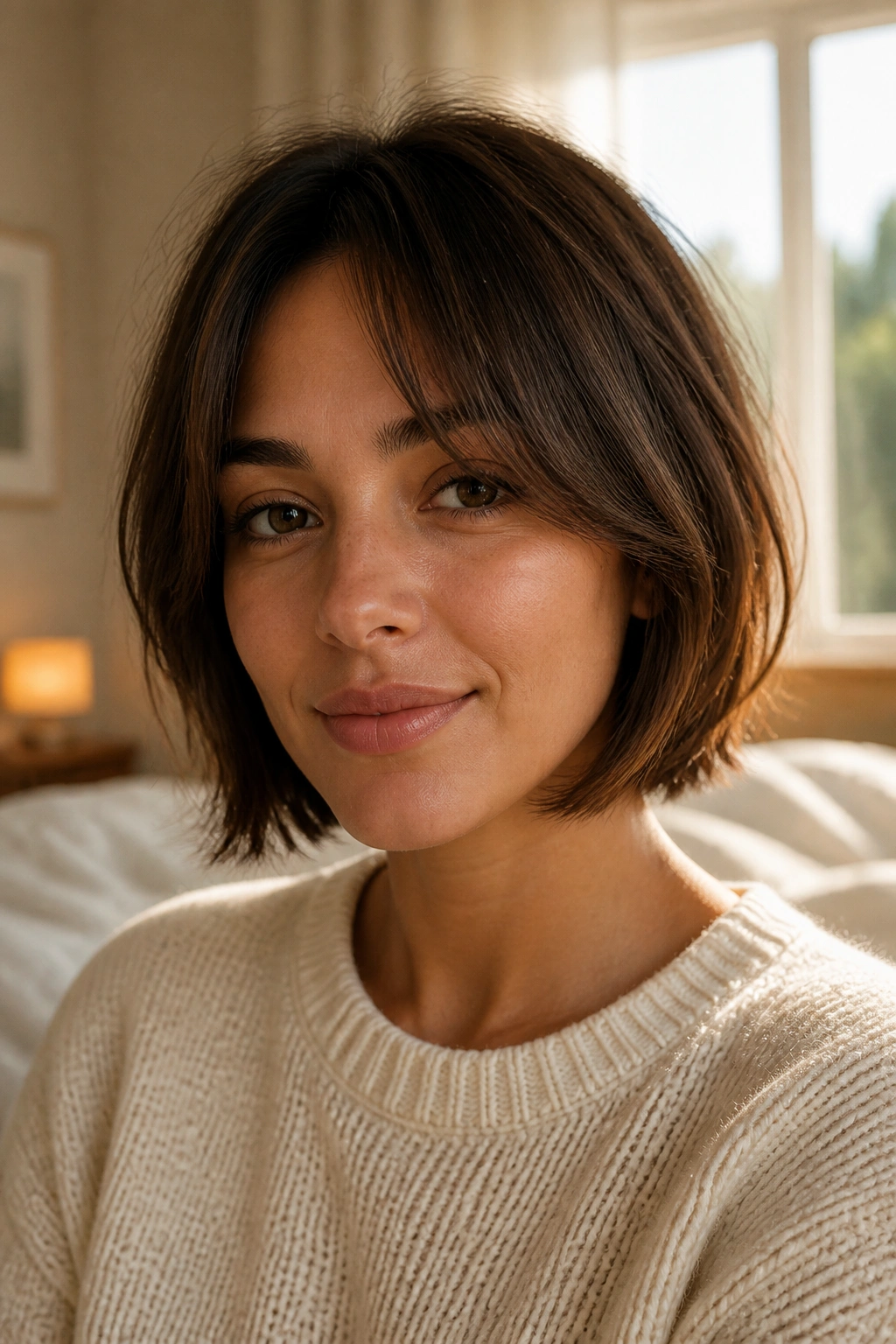 Close-up portrait of a real woman with curtain bangs and a jaw-length bob, softly lit.