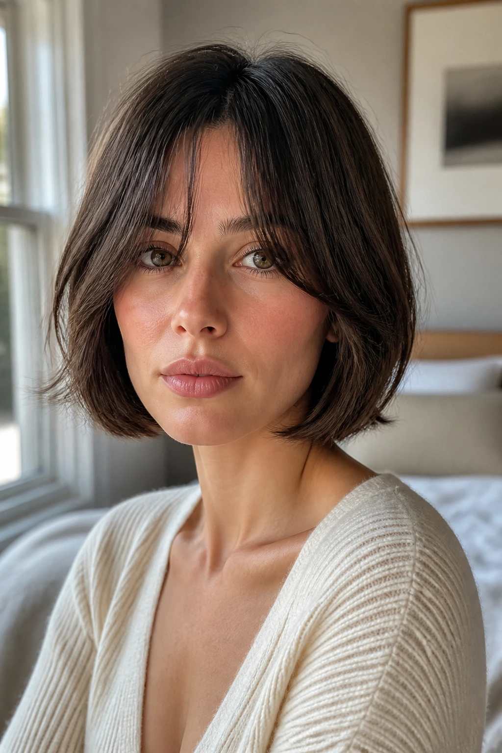Close-up of a real woman with curtain bangs and a bob