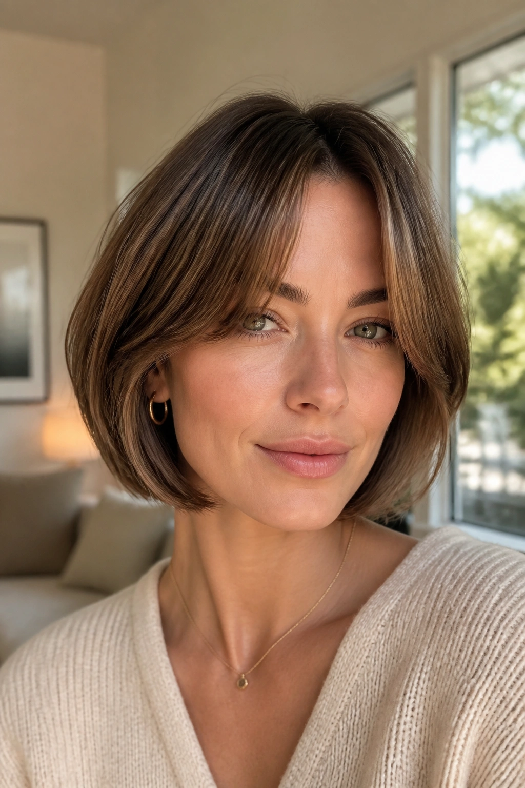 Close-up of a real woman with curtain bangs and a bob.